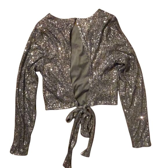 Buckle Privy  Large Sequined Blouse Gray Sequined Shirt Open Back Gather… - Picture 2 of 7
